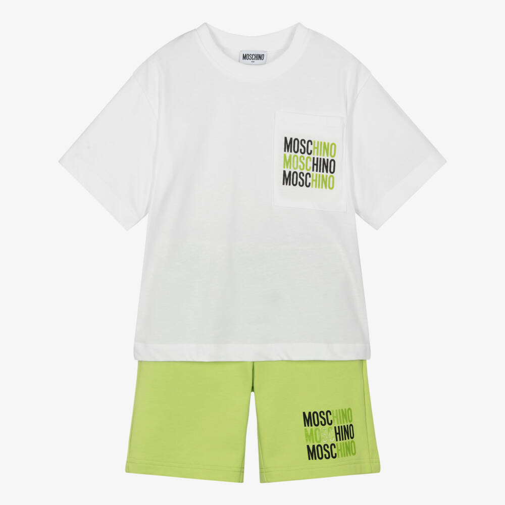 Moschino-Boys White & Lime Green Cotton Shorts Set | Childrensalon