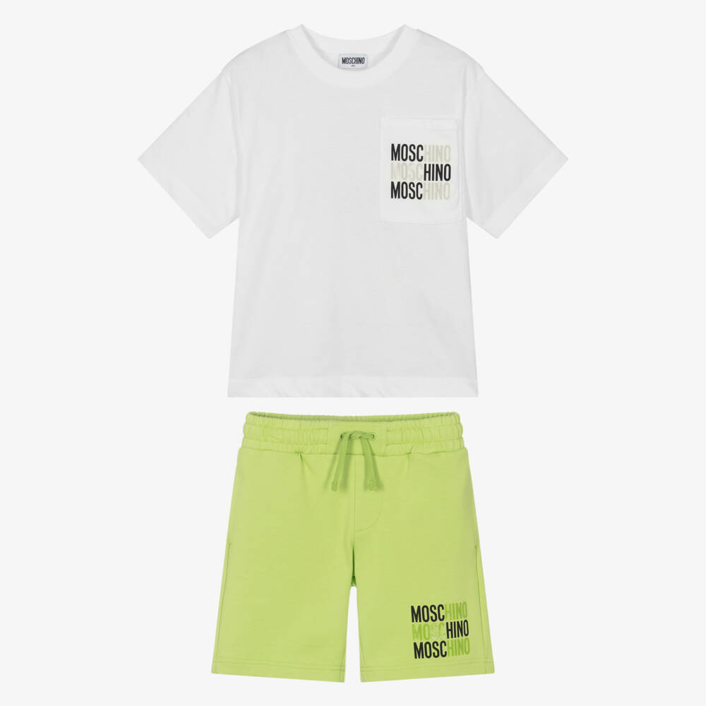 Moschino-Boys White & Lime Green Cotton Shorts Set | Childrensalon