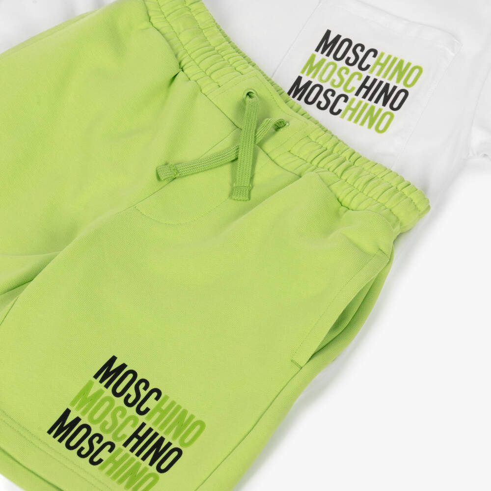Moschino-Boys White & Lime Green Cotton Shorts Set | Childrensalon