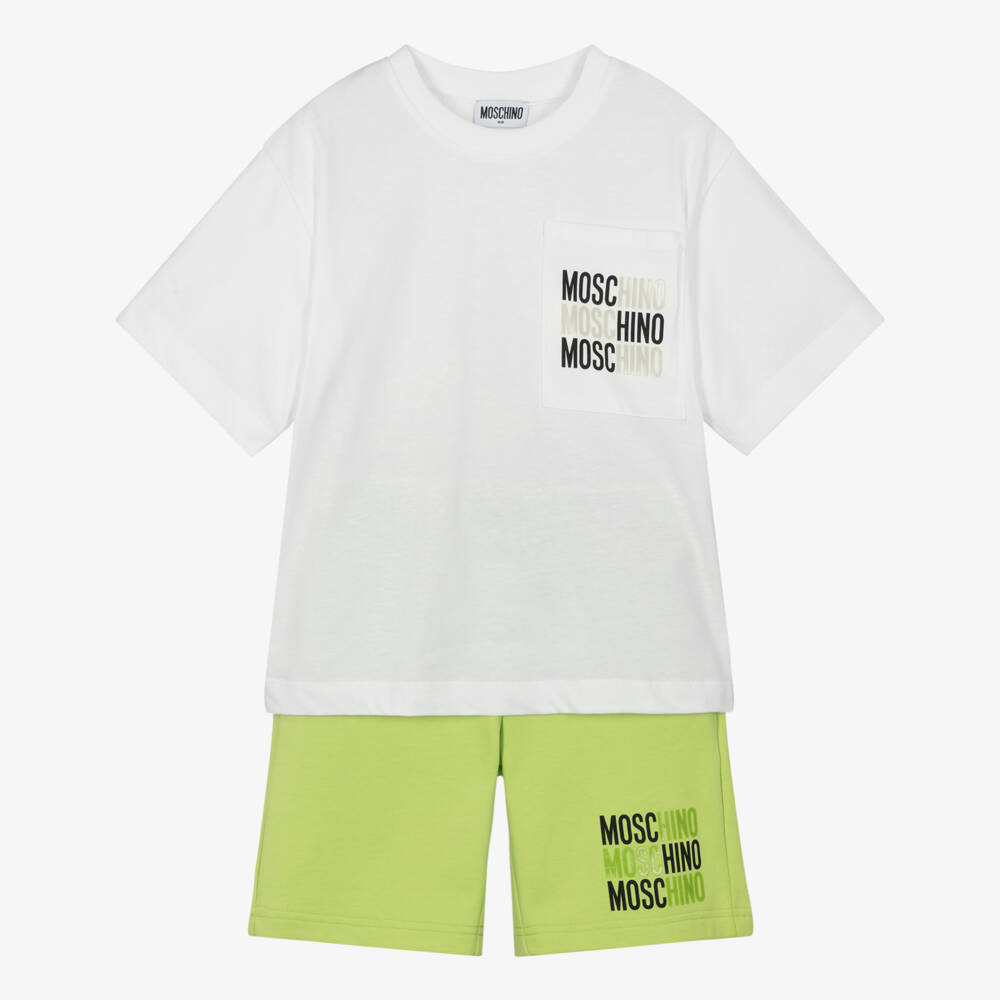 Moschino-Boys White & Lime Green Cotton Shorts Set | Childrensalon