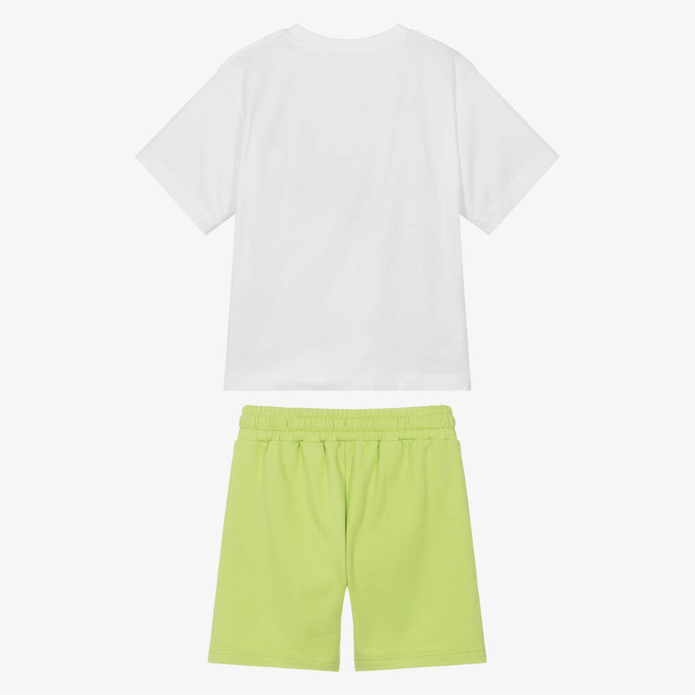 Moschino-Boys White & Lime Green Cotton Shorts Set | Childrensalon