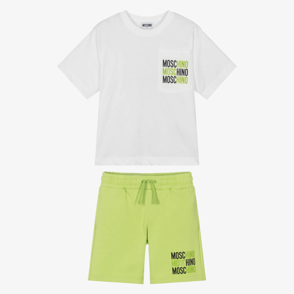Moschino-Boys White & Lime Green Cotton Shorts Set | Childrensalon