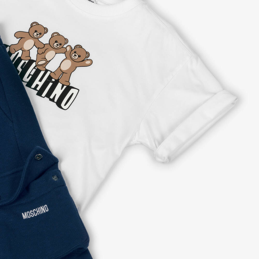 Moschino-طقم شورت ماكسي قطن لون أبيض وكحلي للأولاد | Childrensalon