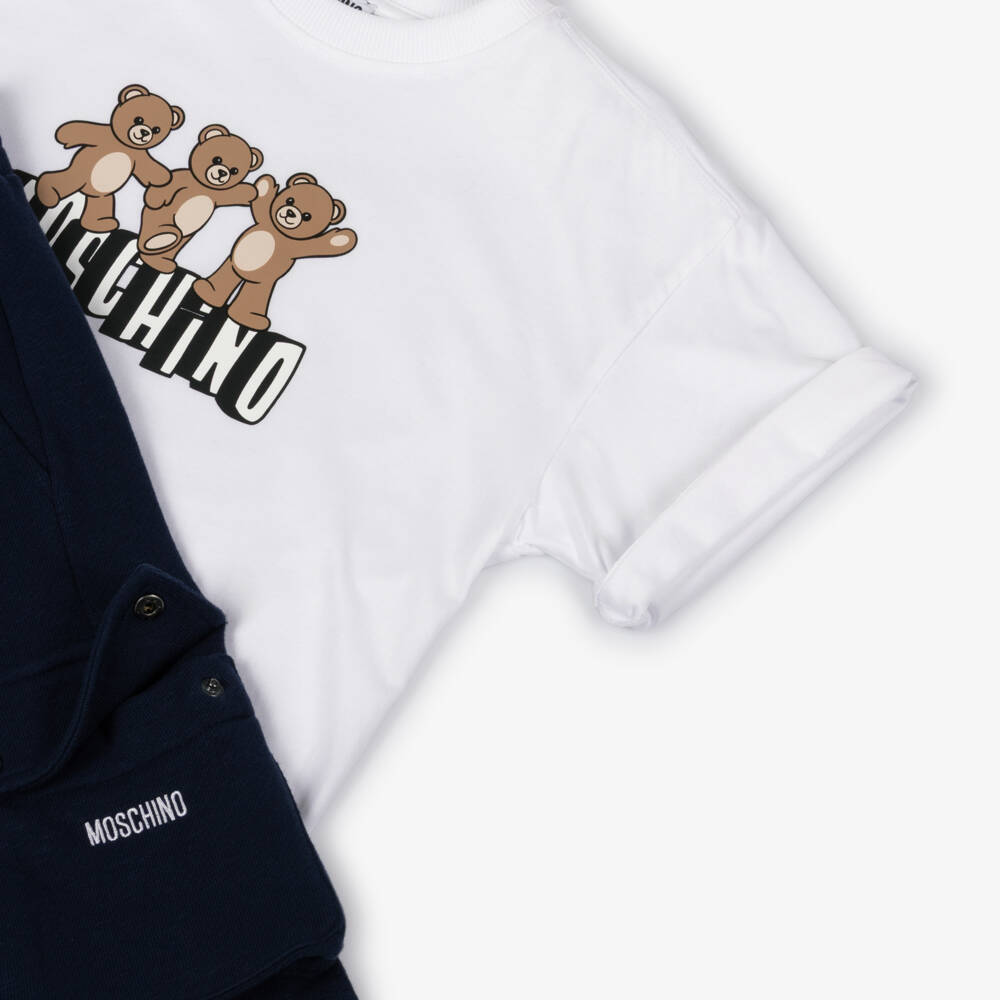 Moschino-Boys White & Navy Blue Cotton Maxi Shorts Set | Childrensalon