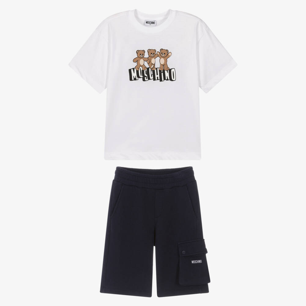 Moschino-Boys White & Navy Blue Cotton Maxi Shorts Set | Childrensalon
