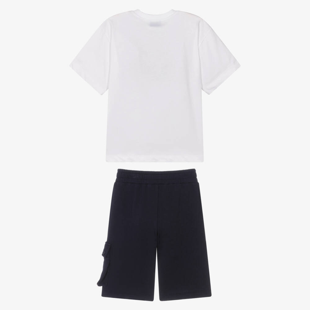 Moschino-Boys White & Navy Blue Cotton Maxi Shorts Set | Childrensalon