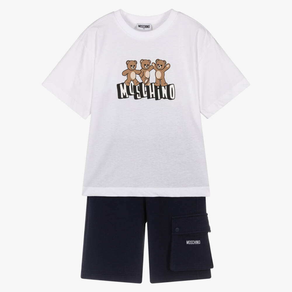 Moschino-Boys White & Navy Blue Cotton Maxi Shorts Set | Childrensalon