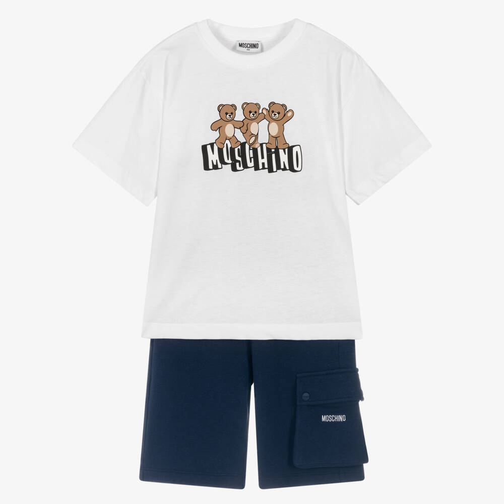 Moschino-Boys White & Navy Blue Cotton Maxi Shorts Set | Childrensalon