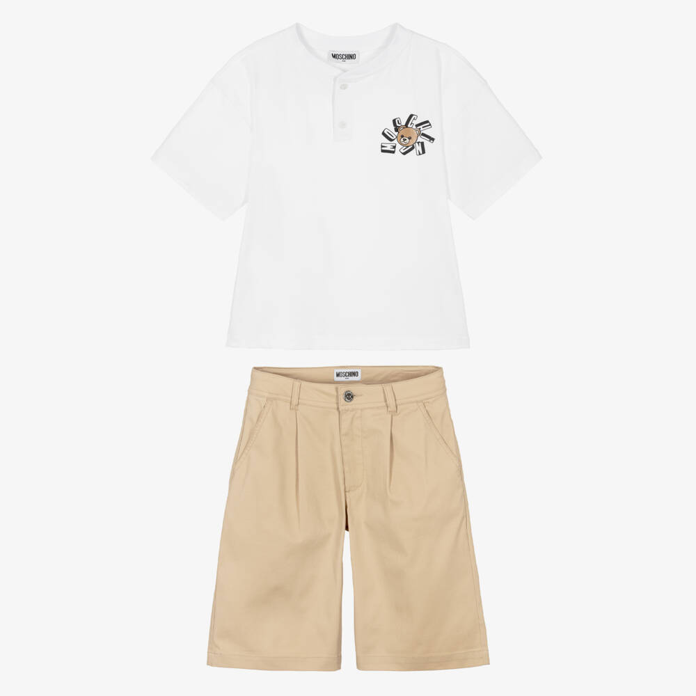 Moschino-Boys White T-Shirt & Beige Cotton Shorts Set | Childrensalon