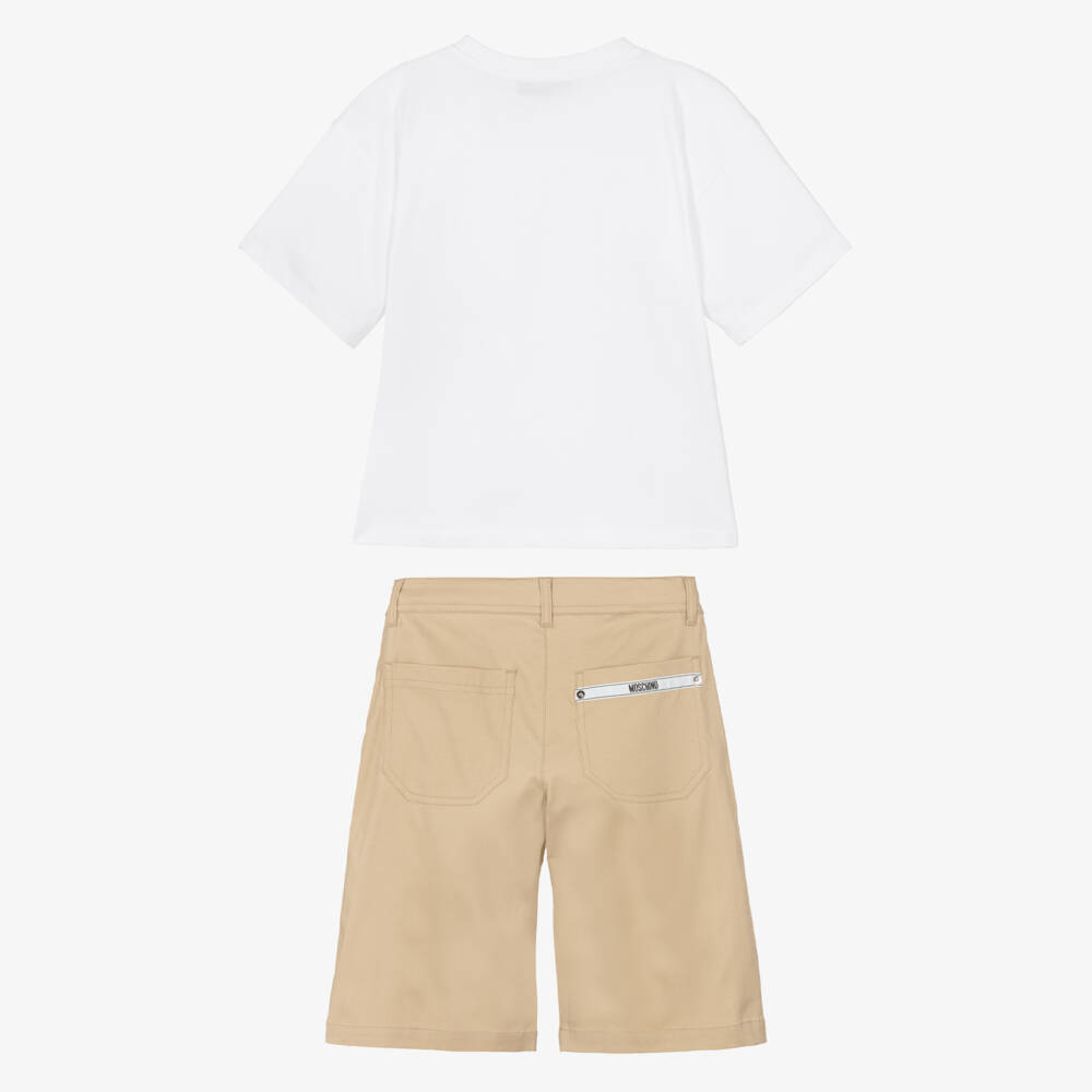 Moschino-Boys White T-Shirt & Beige Cotton Shorts Set | Childrensalon