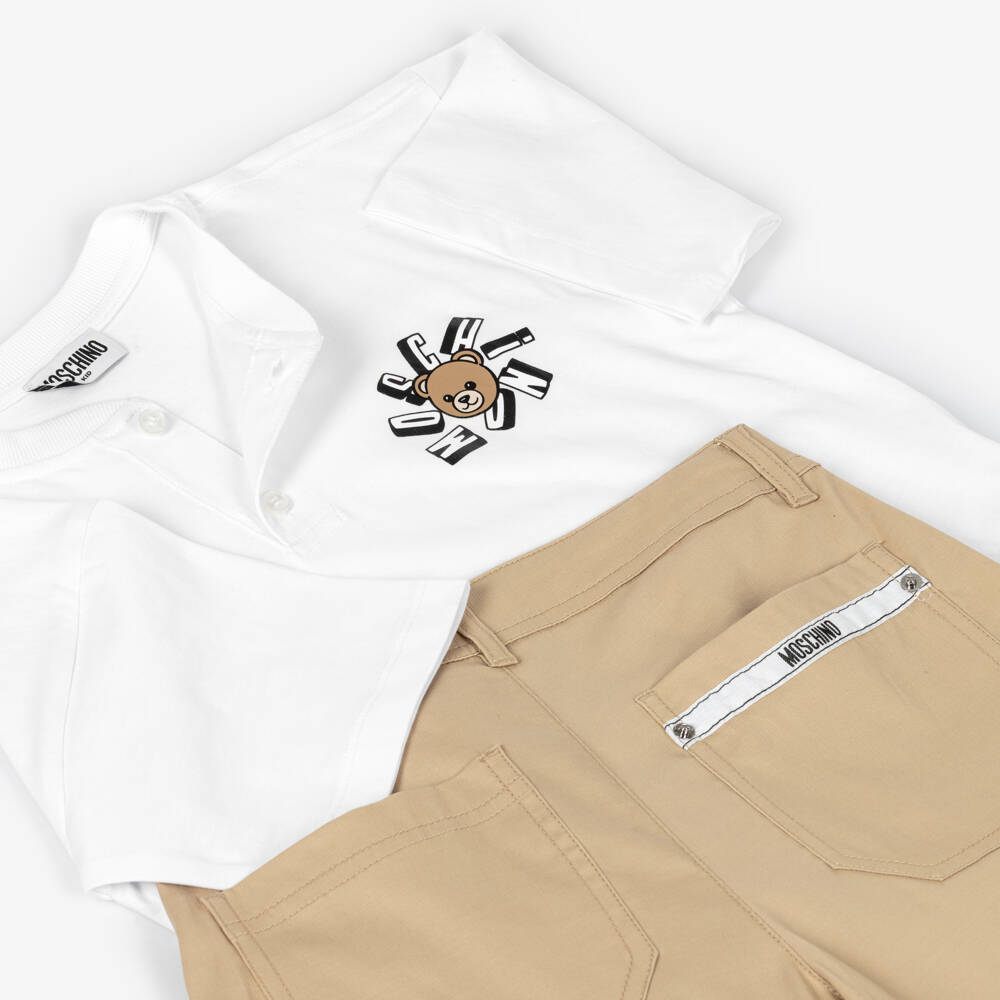 Moschino-Boys White T-Shirt & Beige Cotton Shorts Set | Childrensalon
