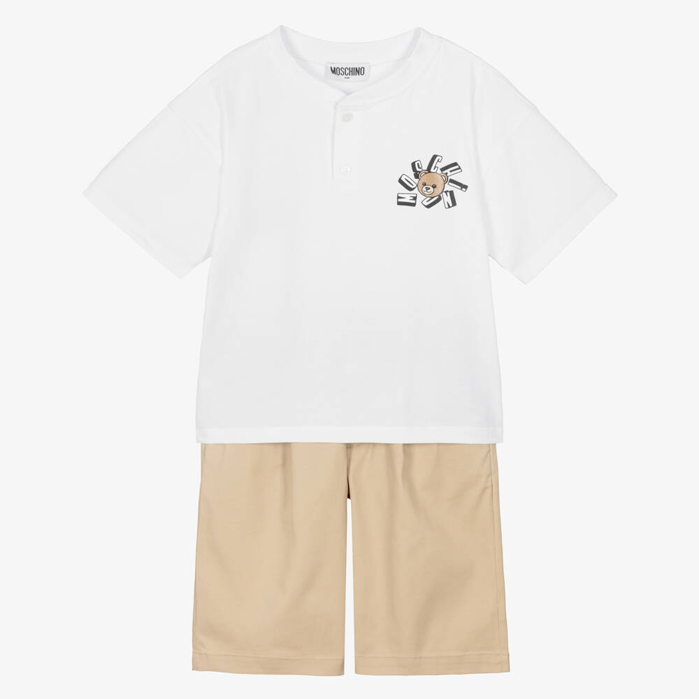 Moschino-Boys White T-Shirt & Beige Cotton Shorts Set | Childrensalon