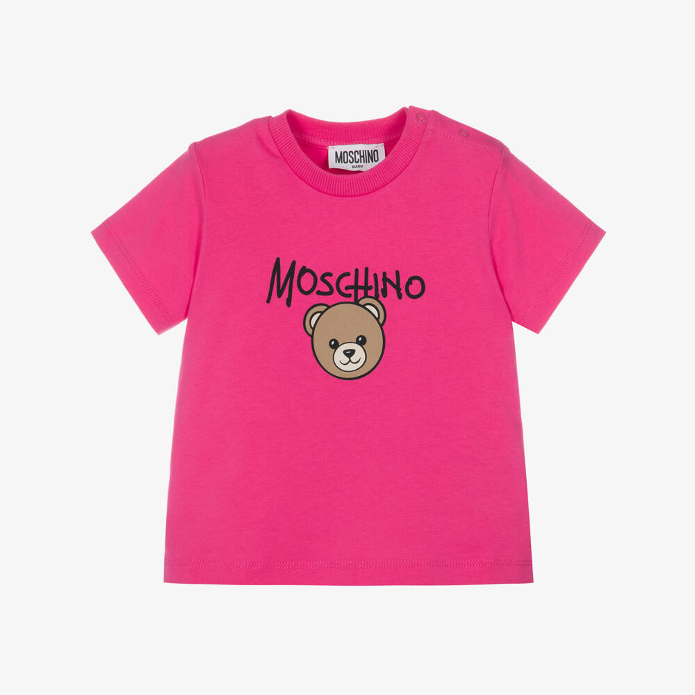 Moschino-Fuchsia Pink Cotton Jersey T-Shirt with Teddy Bear Logo | Childrensalon