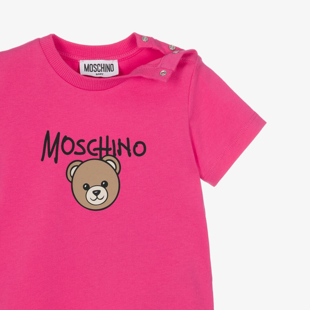 Moschino-Fuchsia Pink Cotton Jersey T-Shirt with Teddy Bear Logo | Childrensalon