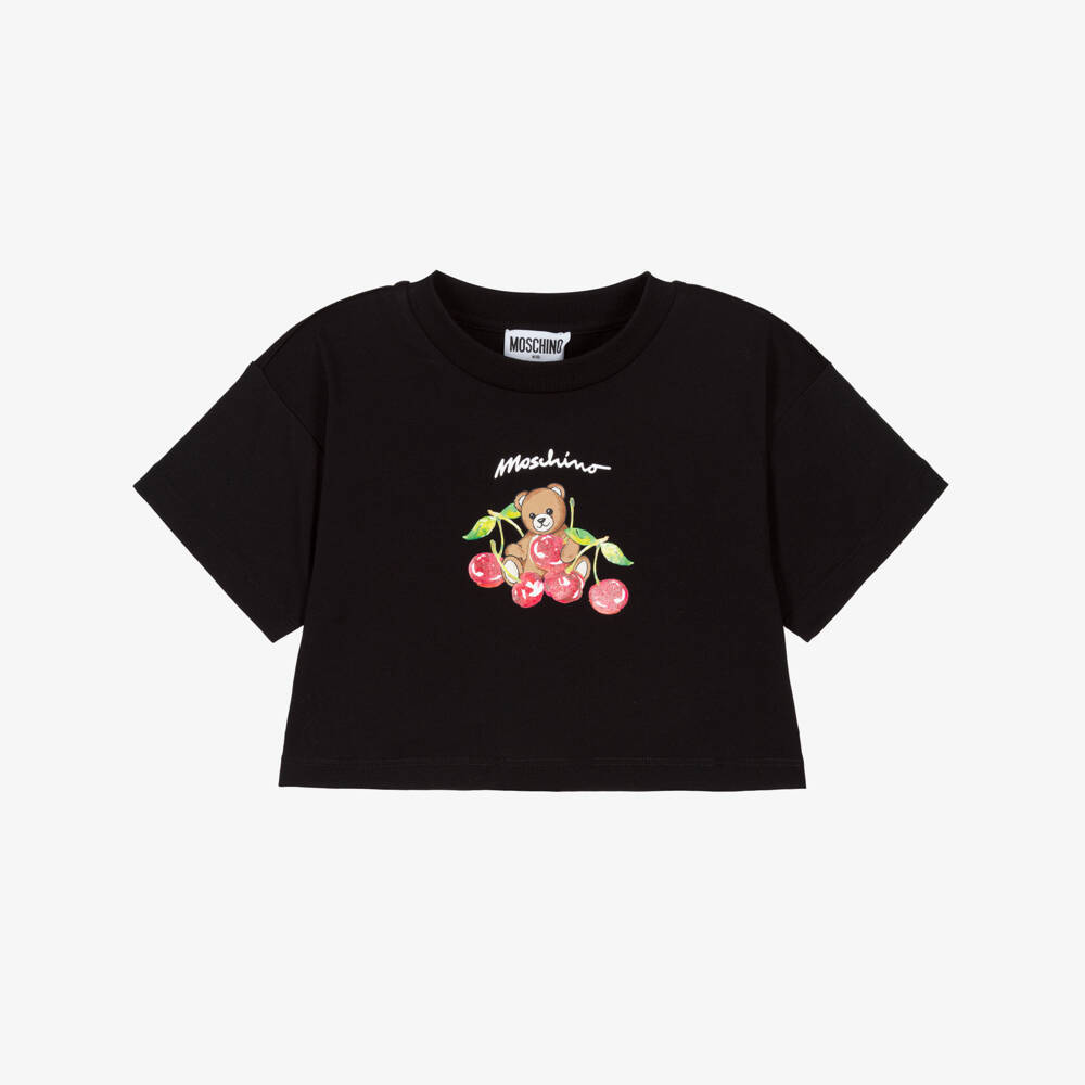 Moschino-Girls Black Cotton Boxy Fit Cherries & Teddy Bear T-Shirt | Childrensalon