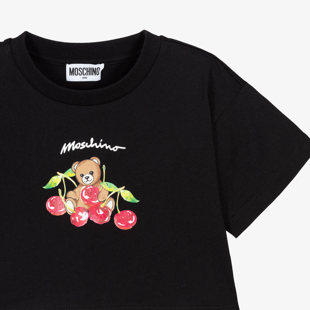 Moschino-Girls Black Cotton Boxy Fit Cherries & Teddy Bear T-Shirt | Childrensalon