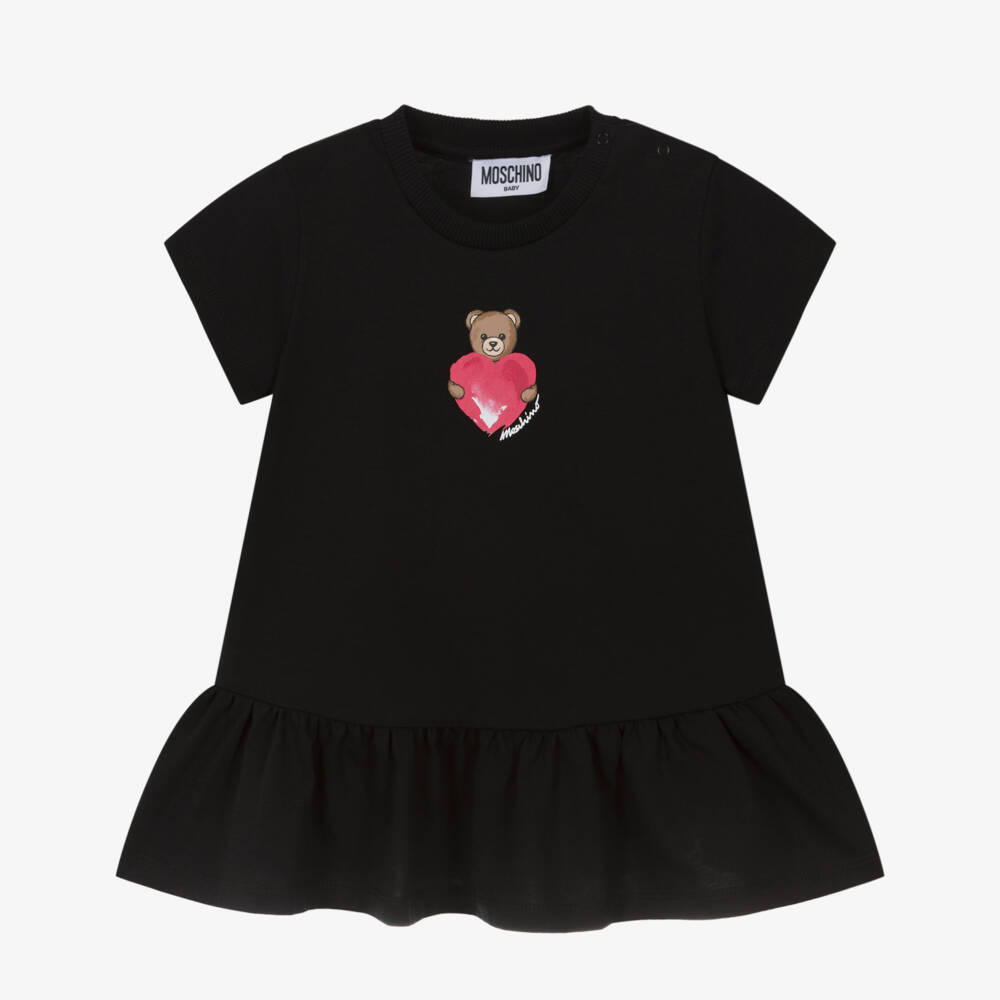 Moschino-فستان قطن بشعار قلب ودب تيدي لون أسود للبنات | Childrensalon