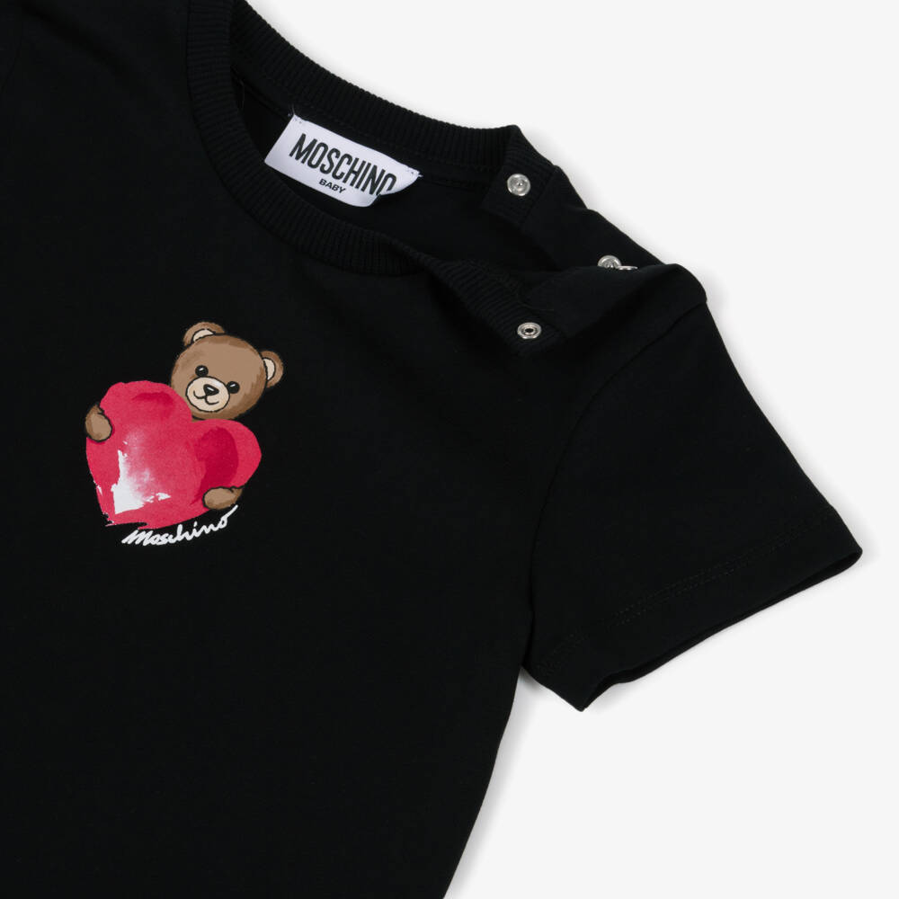 Moschino-Girls Black Cotton Dress with Heart & Teddy Bear Logo | Childrensalon