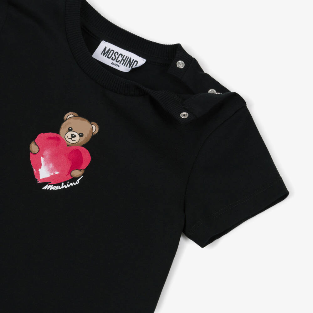Moschino-فستان قطن بشعار قلب ودب تيدي لون أسود للبنات | Childrensalon