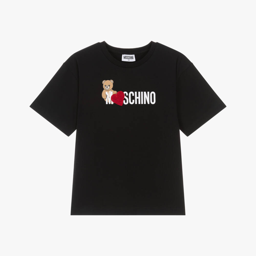 Moschino-Girls Black Cotton T-Shirt with Red Heart | Childrensalon