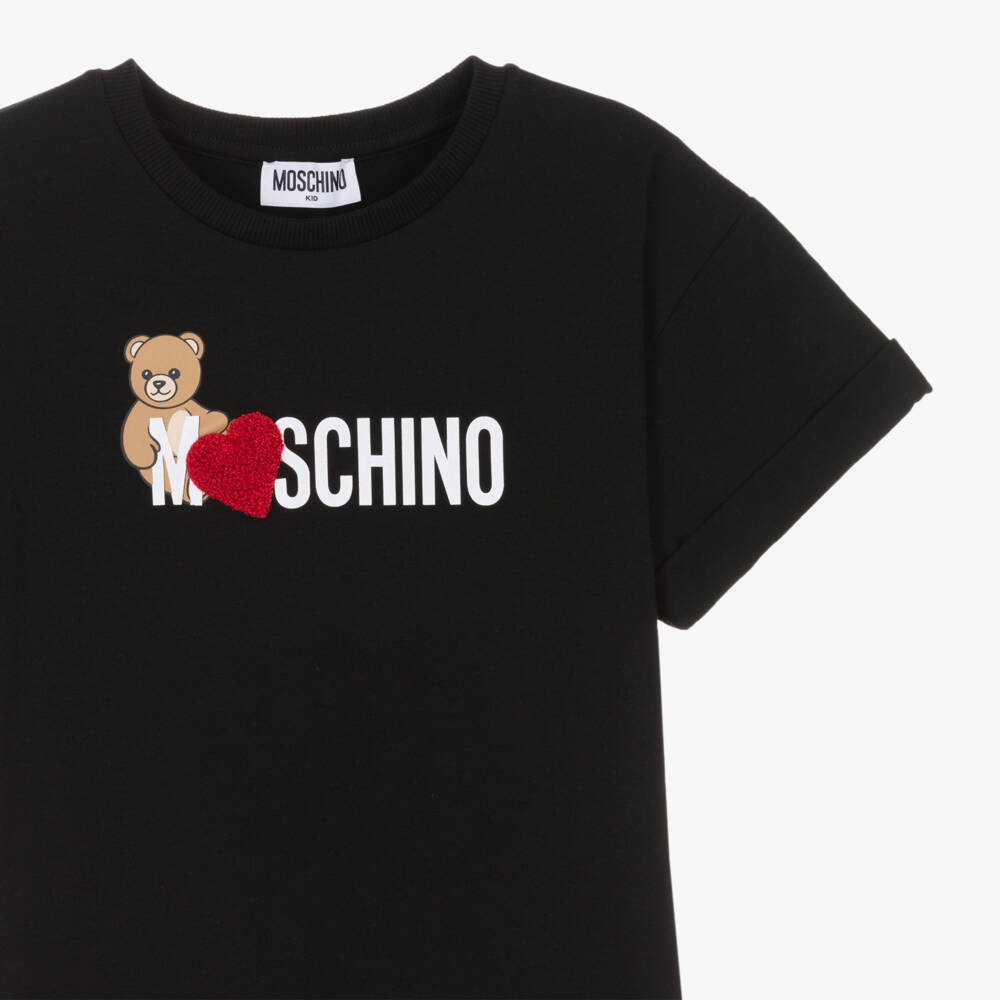 Moschino-Girls Black Cotton T-Shirt with Red Heart | Childrensalon