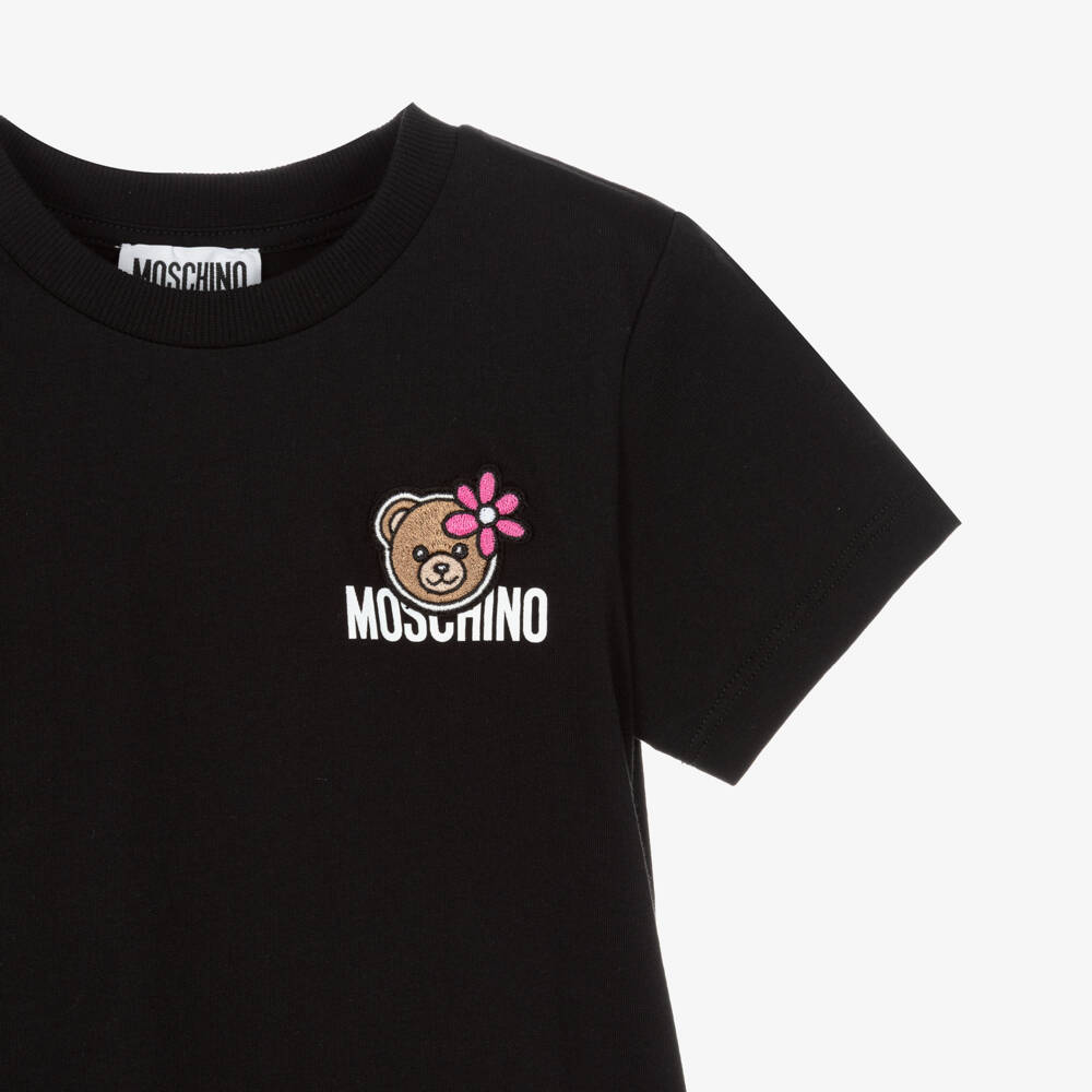 Moschino-Girls Black Cotton Teddy Bear Logo T-Shirt | Childrensalon