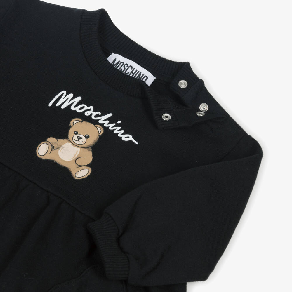Moschino-Платье черное из хлопка с мишкой и карманами для девочек | Childrensalon