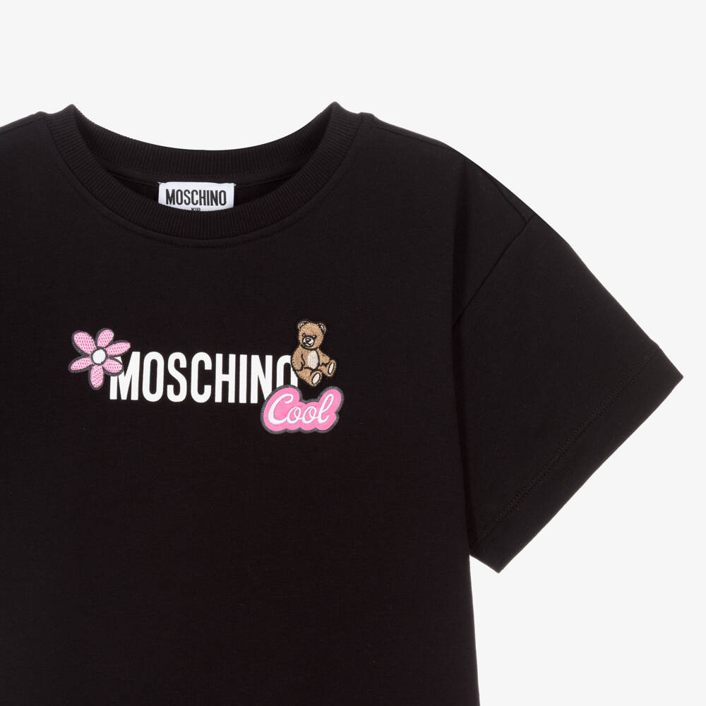 Moschino-Girls Black Sweatshirt Dress with Embroidered Teddy Bear | Childrensalon