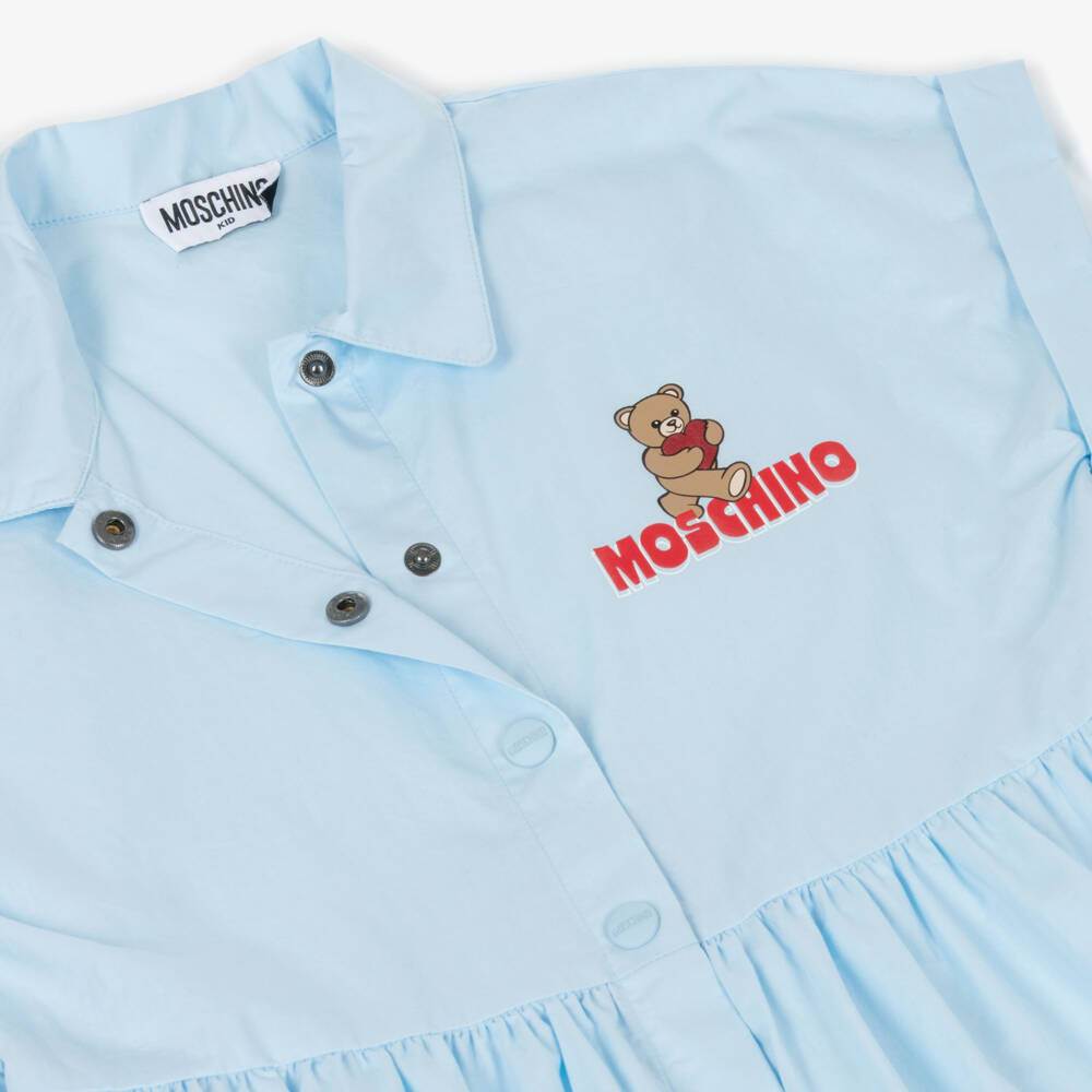 Moschino-Girls Blue Cotton Poplin Teddy Bear Logo Shirt Dress | Childrensalon