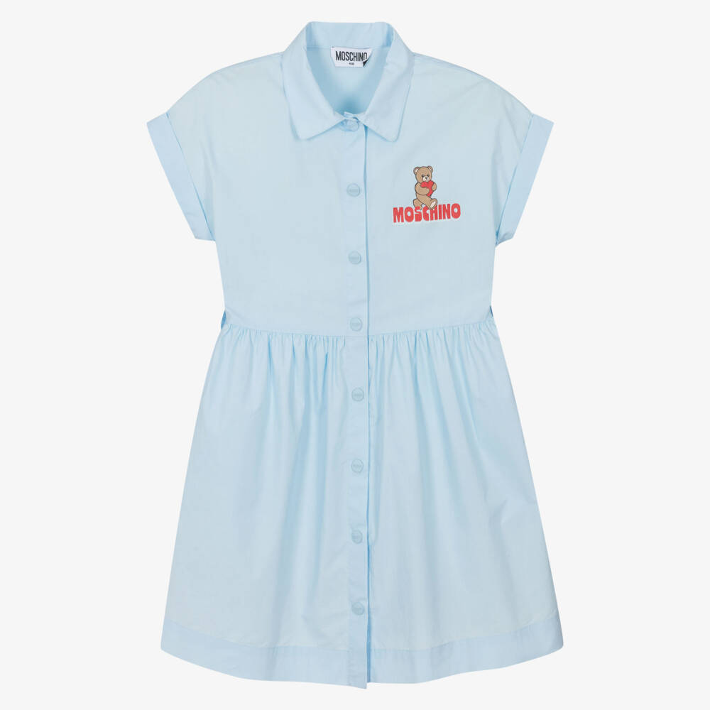 Moschino-Girls Blue Cotton Poplin Teddy Bear Logo Shirt Dress | Childrensalon