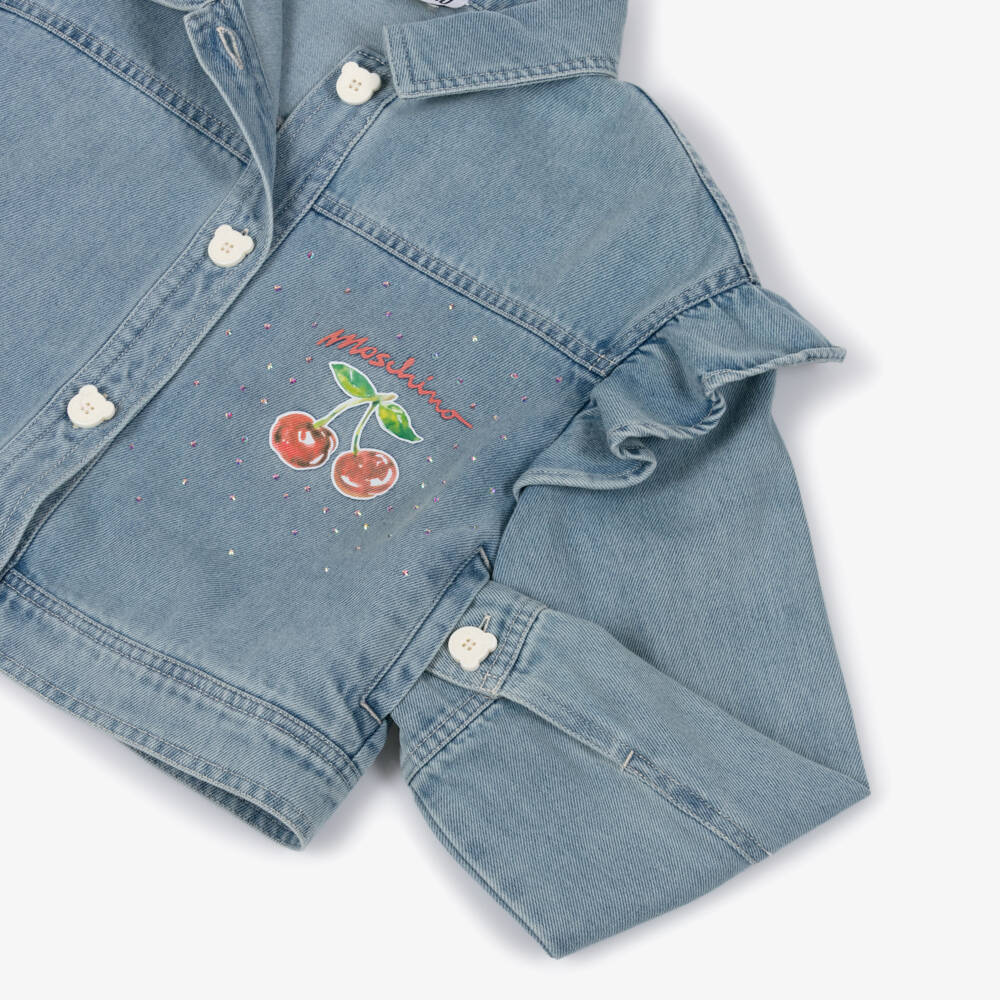 Moschino-Girls Blue Denim Jacket with Cherry Motif & Ruffles | Childrensalon