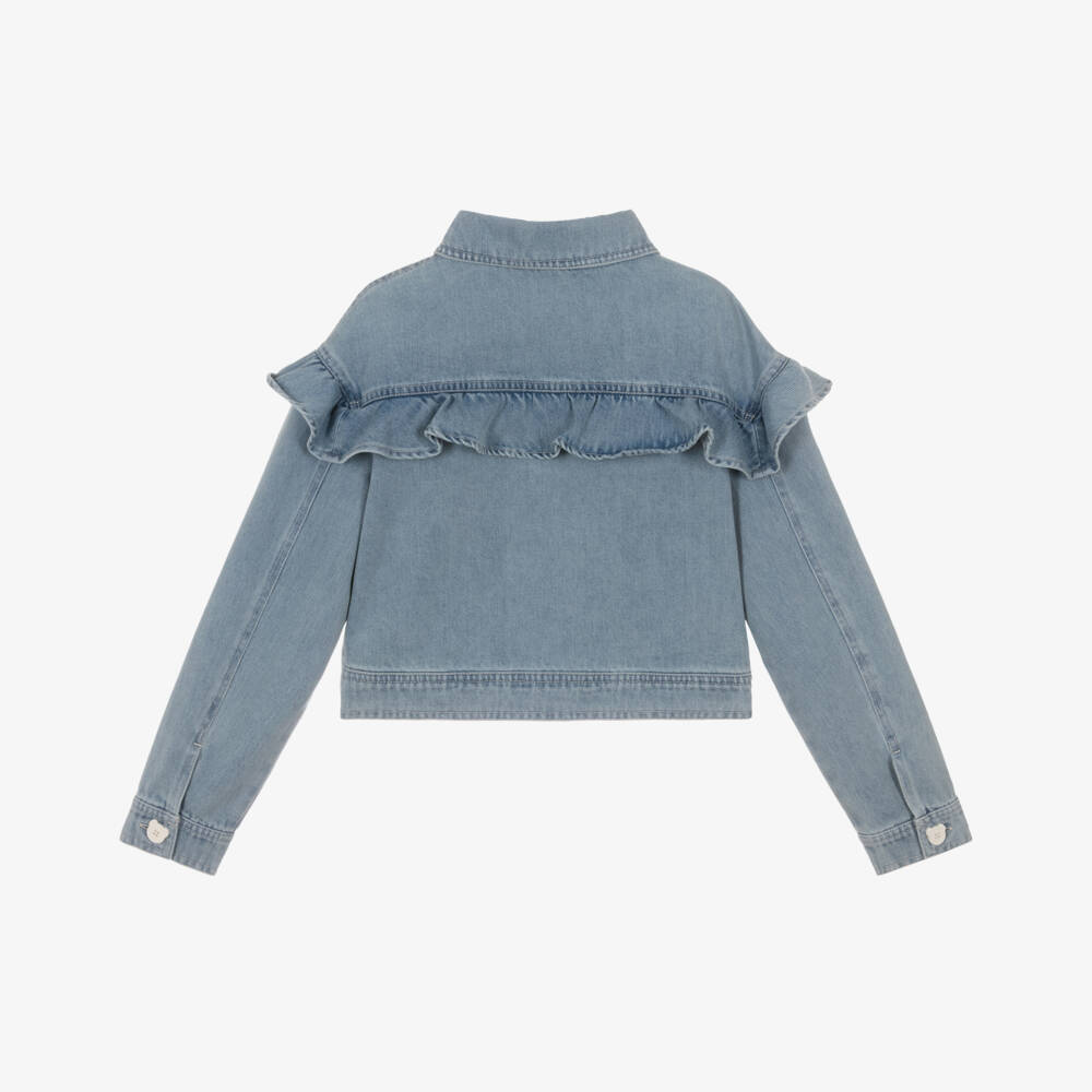Moschino-Girls Blue Denim Jacket with Cherry Motif & Ruffles | Childrensalon