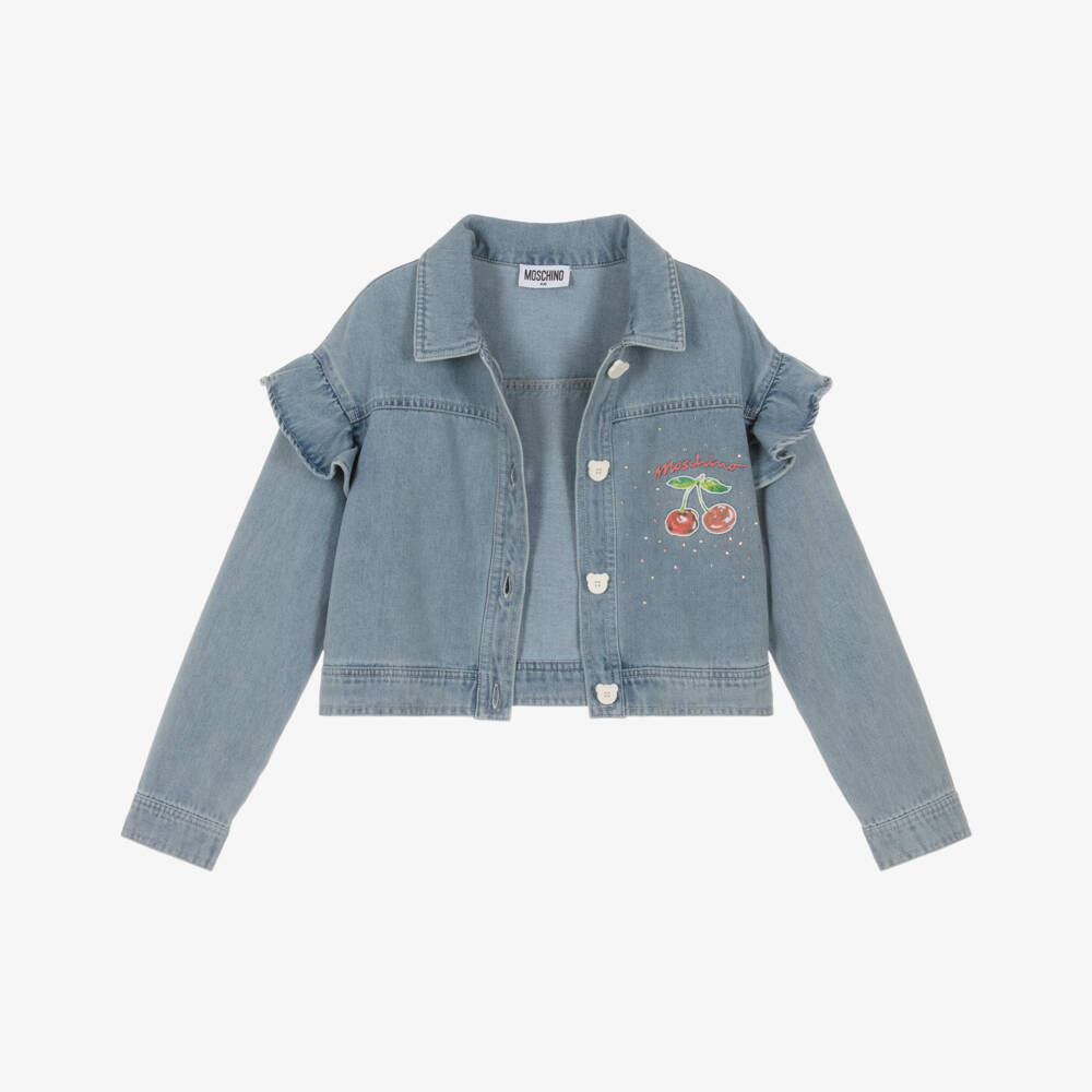 Moschino-Girls Blue Denim Jacket with Cherry Motif & Ruffles | Childrensalon