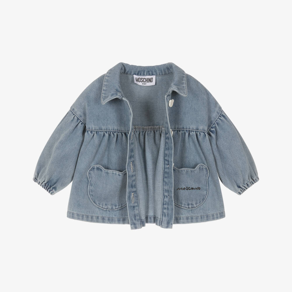 Moschino-Girls Blue Denim Jacket with Teddy Bear Pockets | Childrensalon