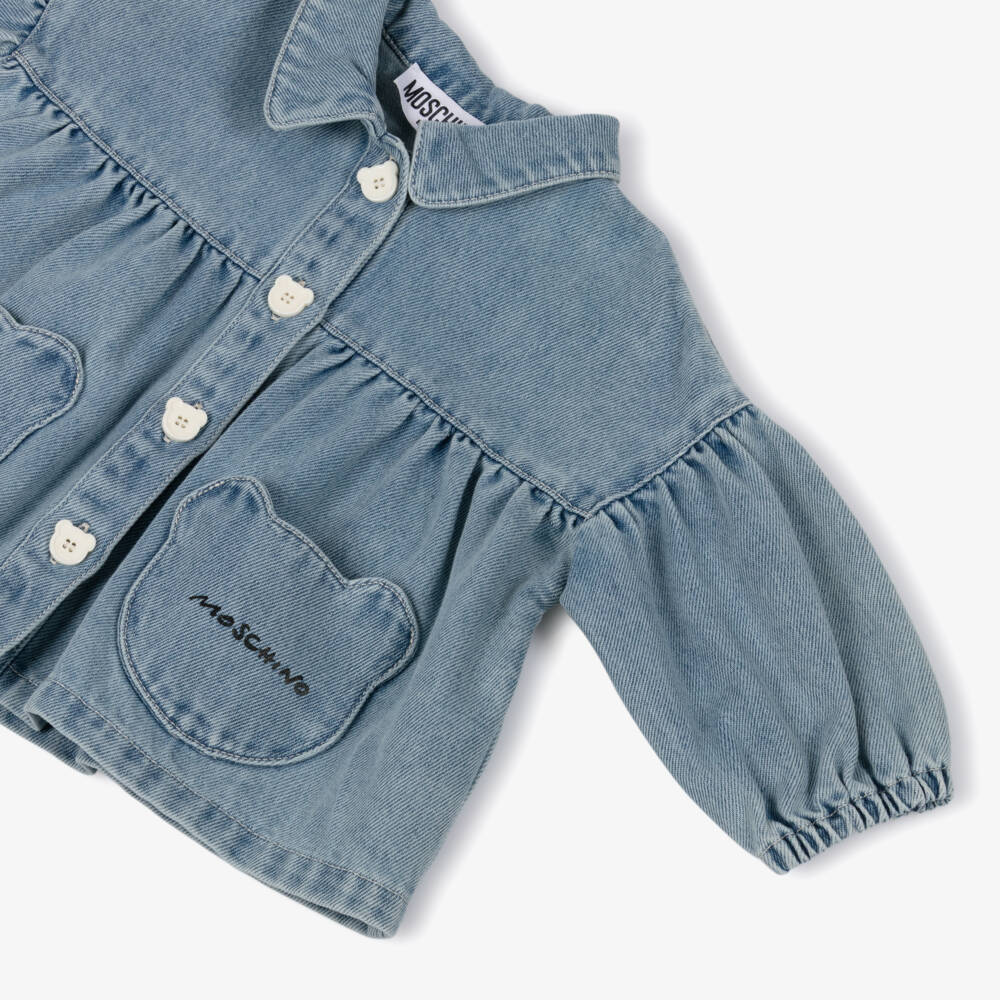 Moschino-Girls Blue Denim Jacket with Teddy Bear Pockets | Childrensalon