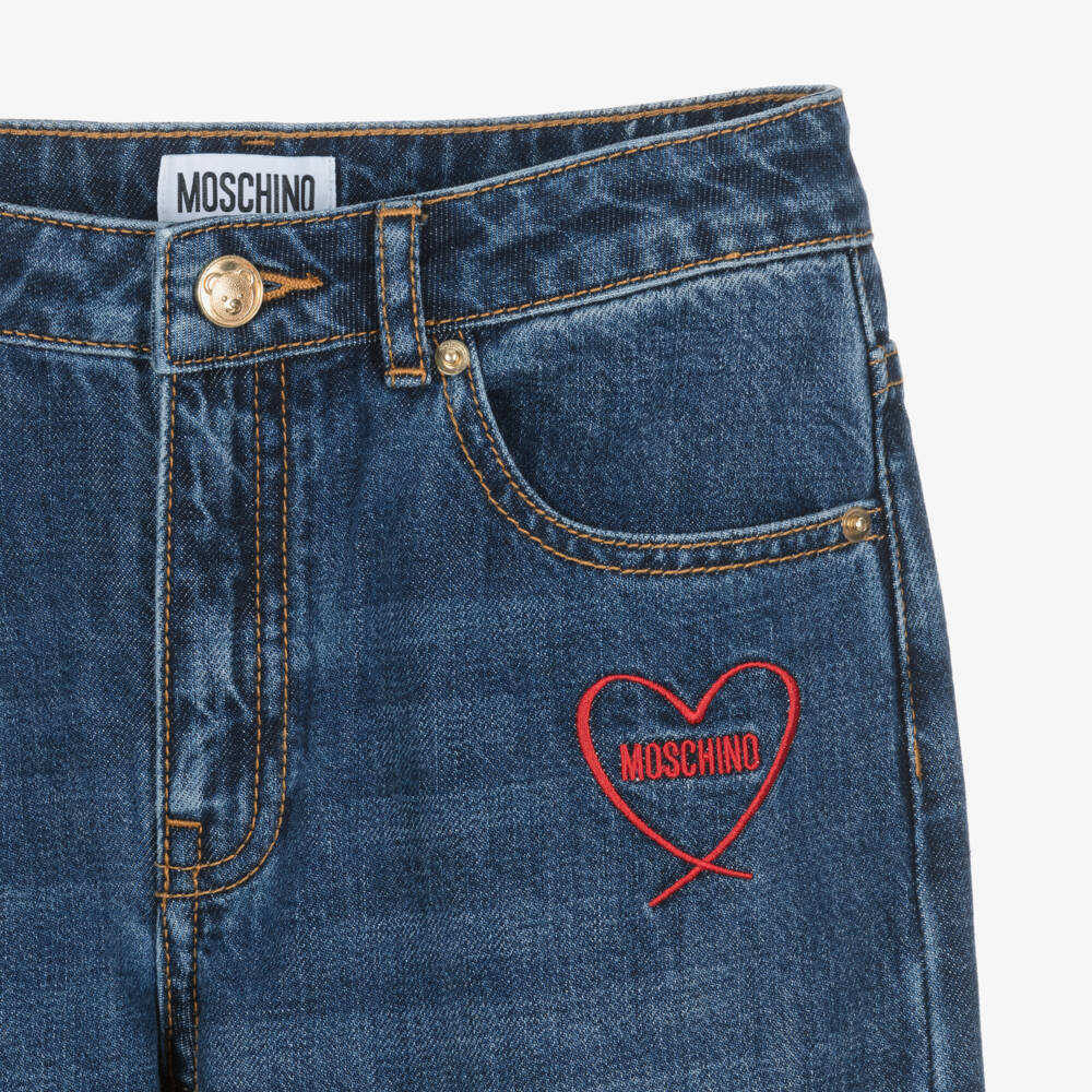 Moschino-Girls Blue Denim Wide Leg Jeans with Heart Logo | Childrensalon