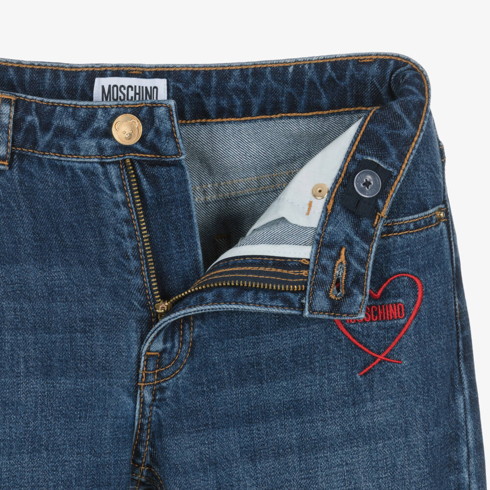 Moschino-Girls Blue Denim Wide Leg Jeans with Heart Logo | Childrensalon