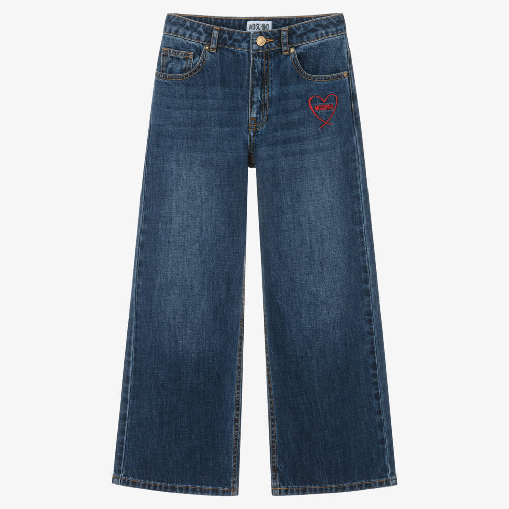 Moschino-Girls Blue Denim Wide Leg Jeans with Heart Logo | Childrensalon