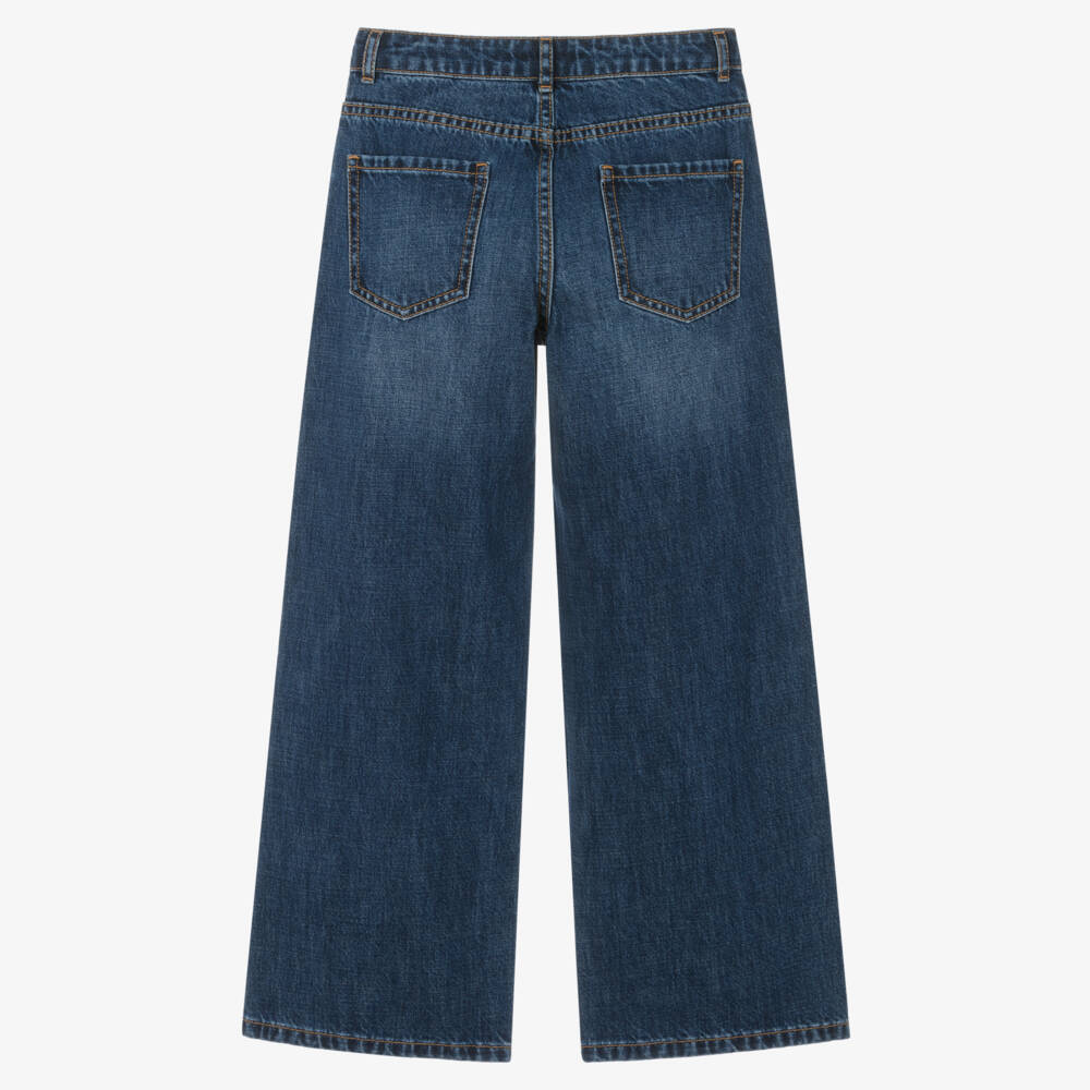 Moschino-Girls Blue Denim Wide Leg Jeans with Heart Logo | Childrensalon
