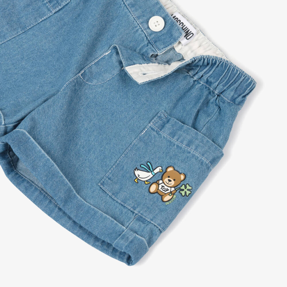 Moschino-Girls Blue Teddy Bear Chambray Shorts | Childrensalon