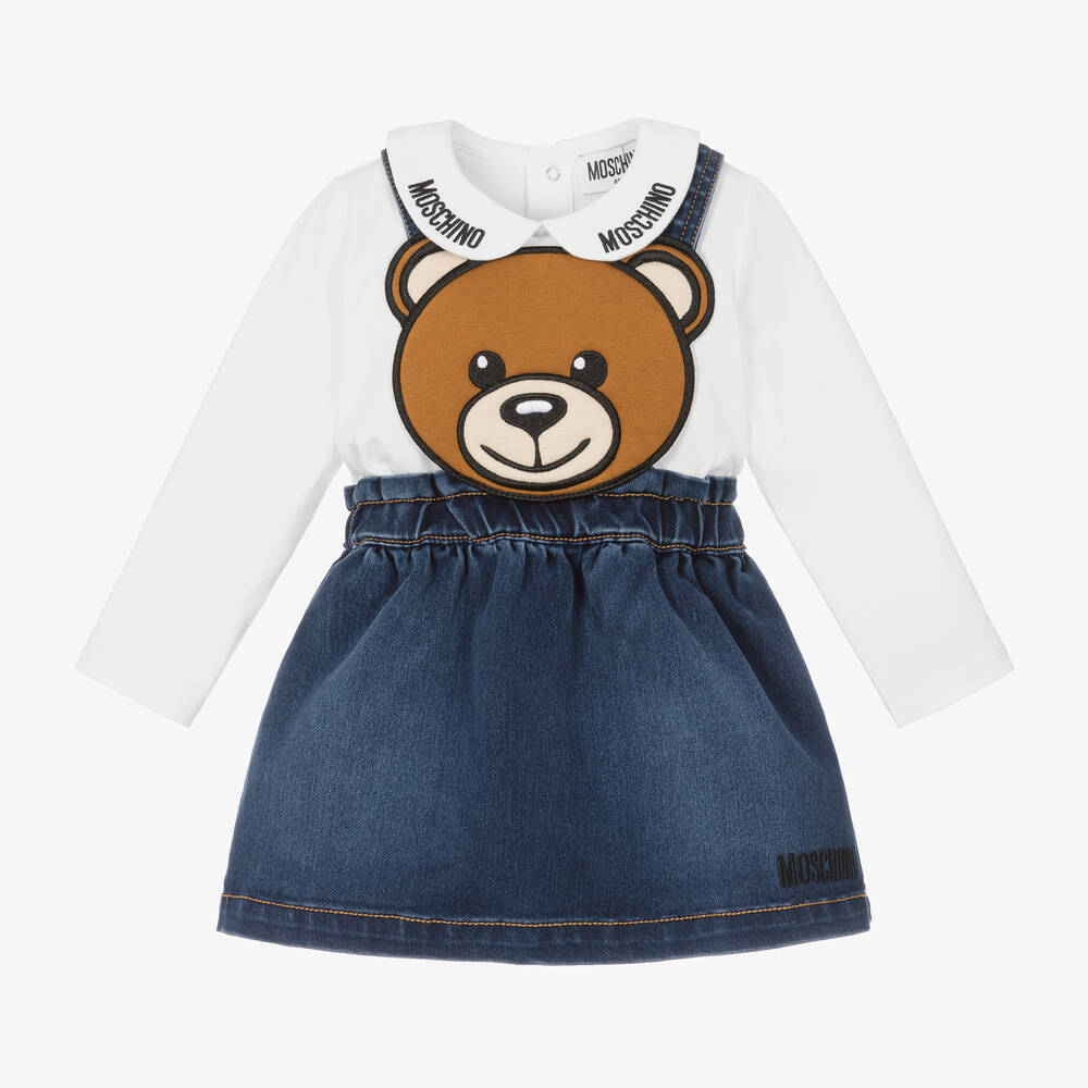 Moschino Baby-Girls Blue Teddy Bear Denim Dress Set | Childrensalon