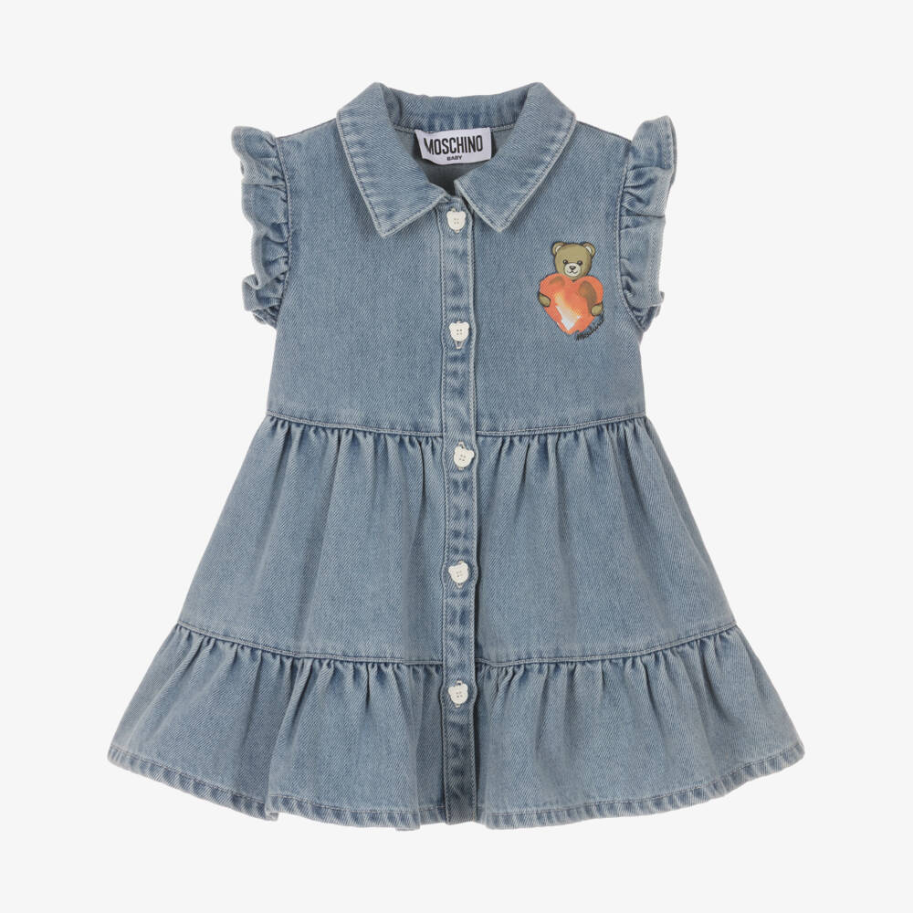 Moschino-Girls Blue Washed Denim Teddy & Heart Dress | Childrensalon