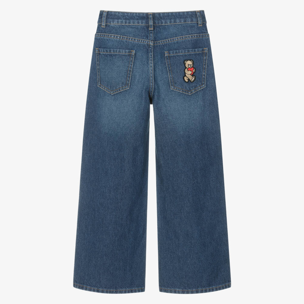 Moschino-جينز دنيم بأرجل واسعة لون أزرق مغسول للبنات | Childrensalon