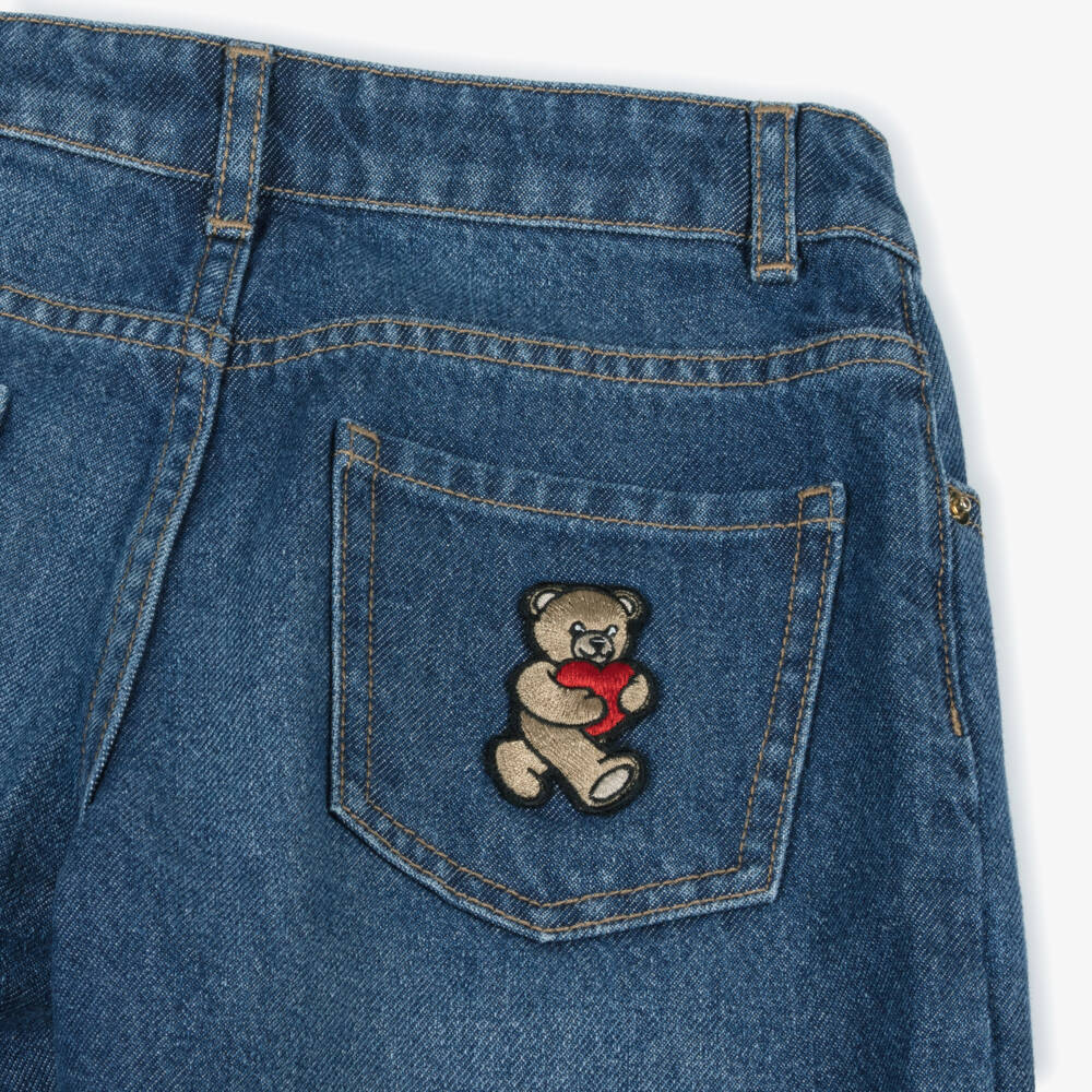 Moschino-جينز دنيم بأرجل واسعة لون أزرق مغسول للبنات | Childrensalon