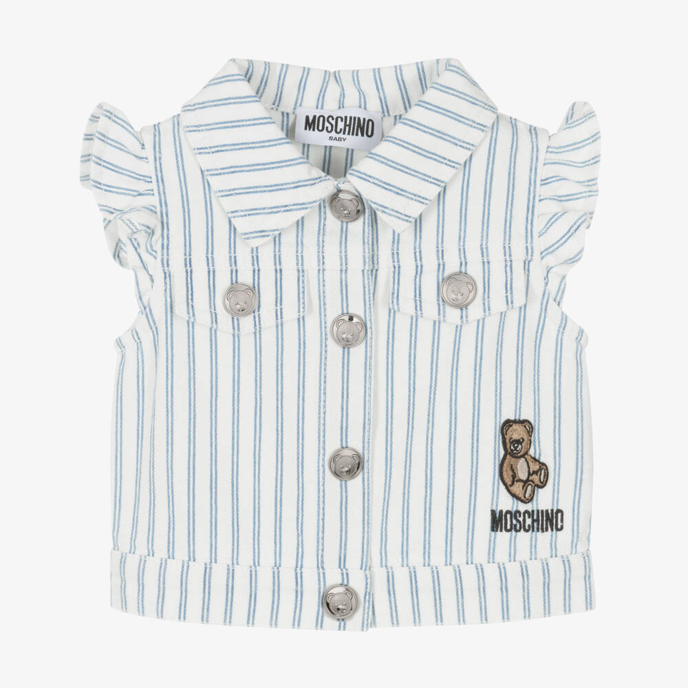 Moschino-Girls Blue & White Striped Denim Gilet with Ruffles | Childrensalon