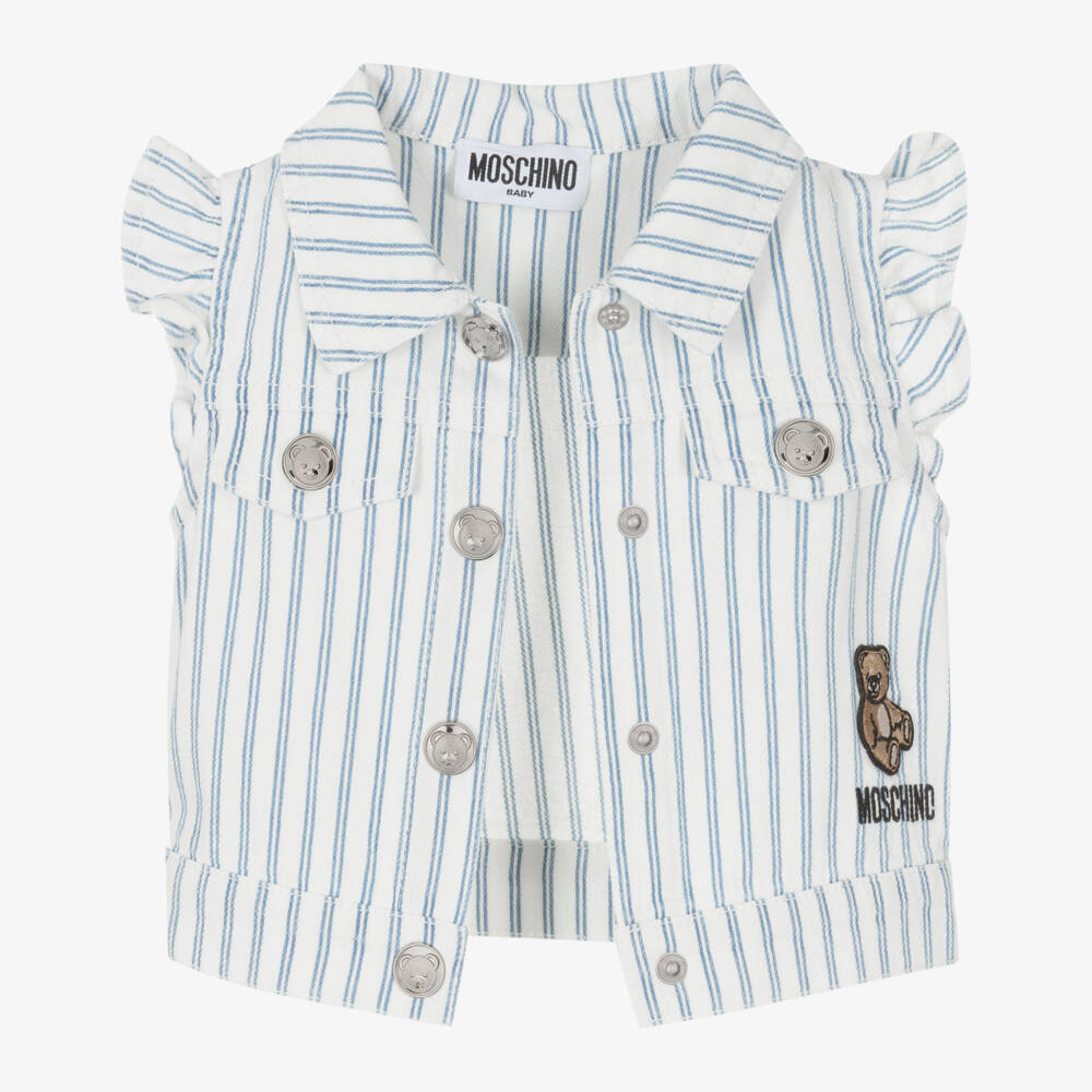 Moschino-Girls Blue & White Striped Denim Gilet with Ruffles | Childrensalon