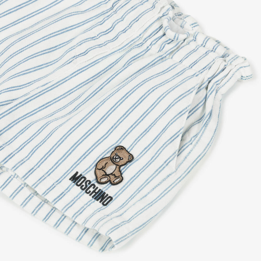 Moschino-Girls Blue & White Striped Denim Shorts with Teddy Bear Logo | Childrensalon