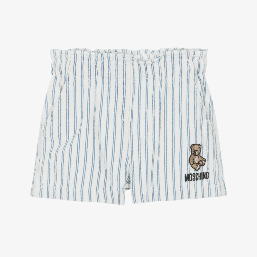 Moschino-Girls Blue & White Striped Shorts with Teddy Bear Logo | Childrensalon