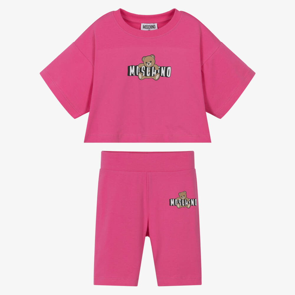 Moschino-Girls Bright Pink Cotton Moschino Bear Shorts Set | Childrensalon