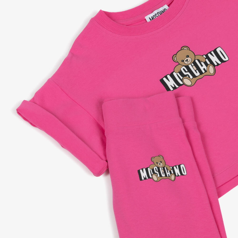 Moschino-Girls Bright Pink Cotton Moschino Bear Shorts Set | Childrensalon